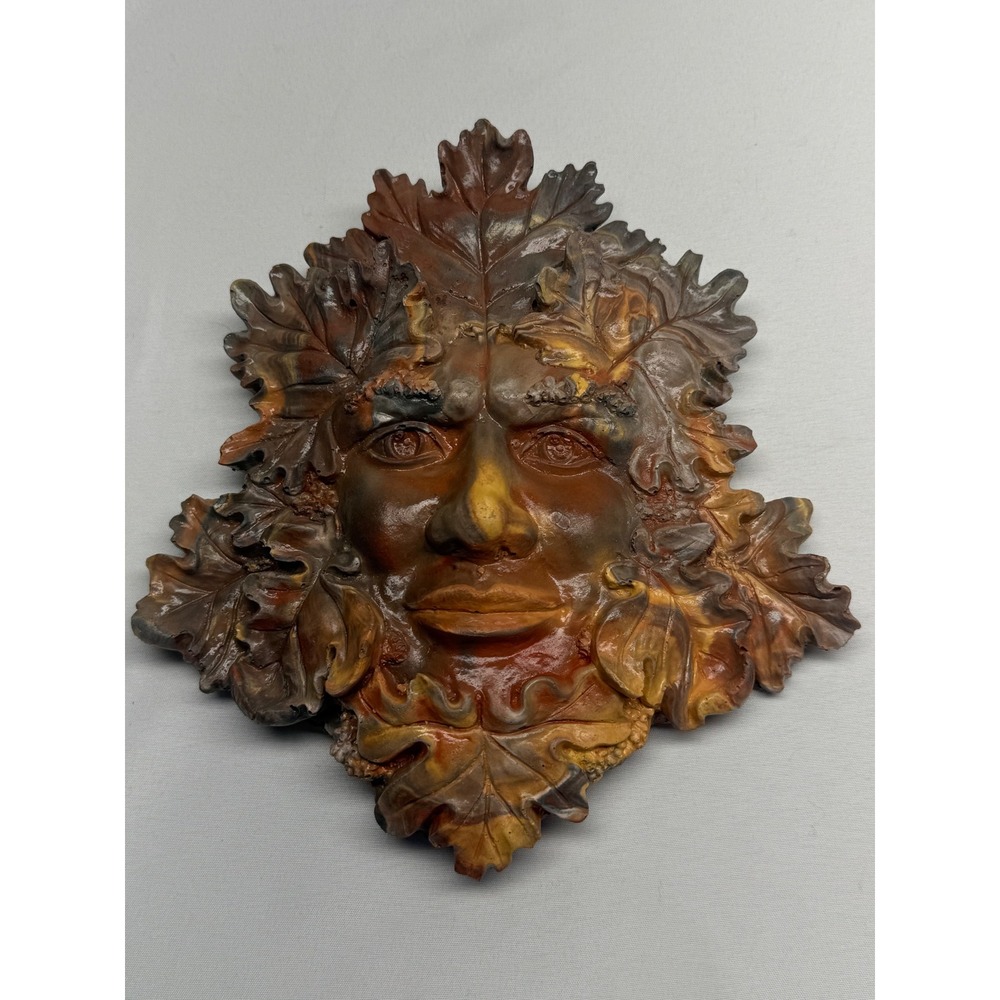 Handmade Unique Wall Plaque Oak Leaf Face Sculpture Pagan Celtic Nature Decor